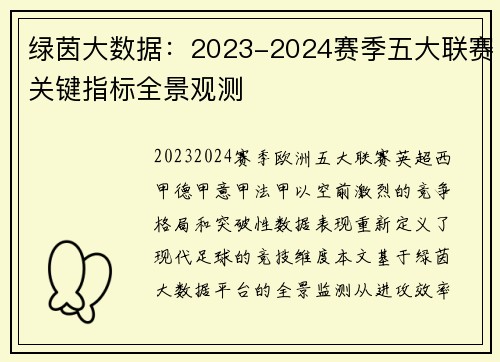 绿茵大数据：2023-2024赛季五大联赛关键指标全景观测